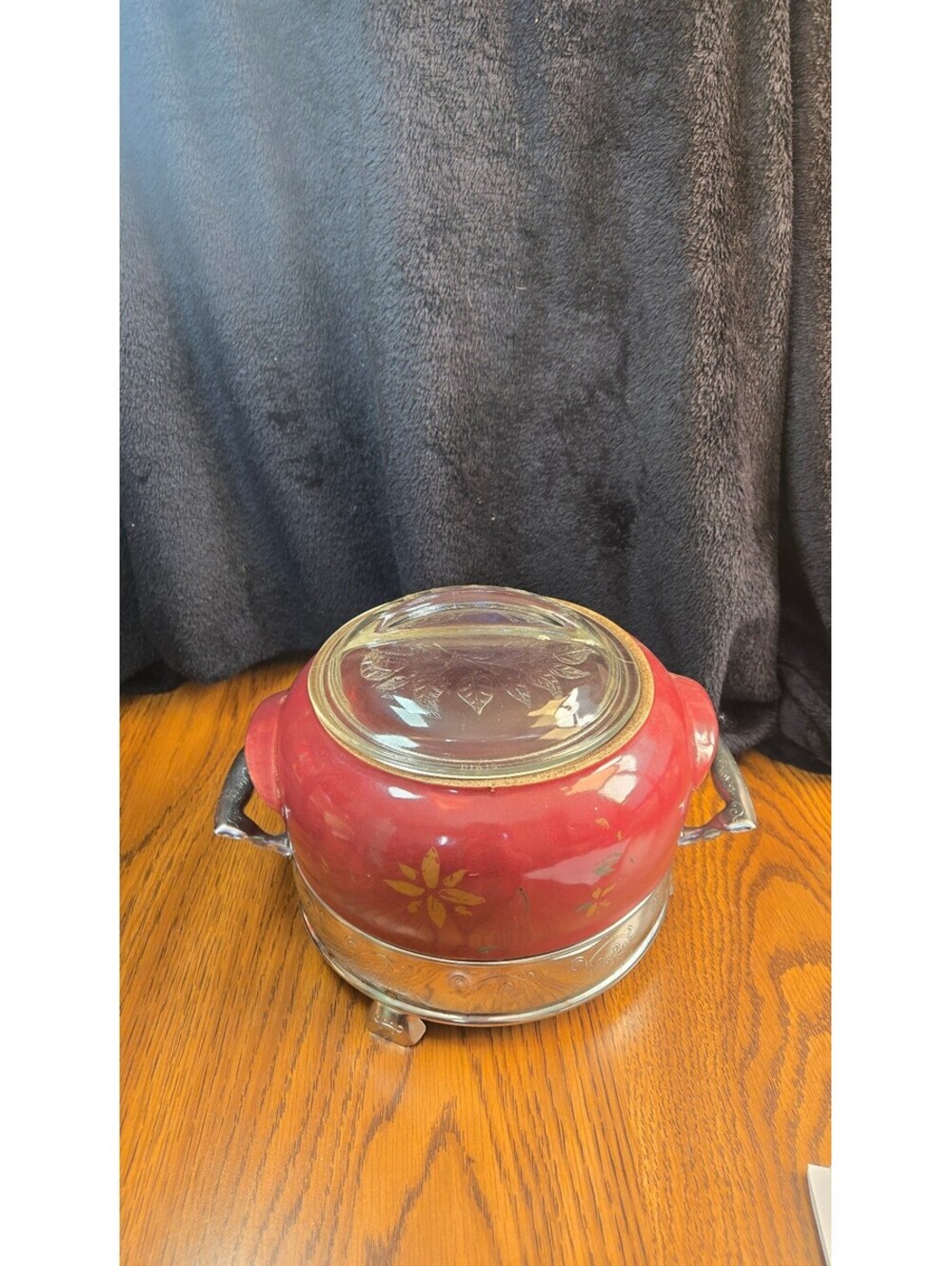 Vintage Red Ceramic and Silver Plated Chafing Dish with Glass Lid